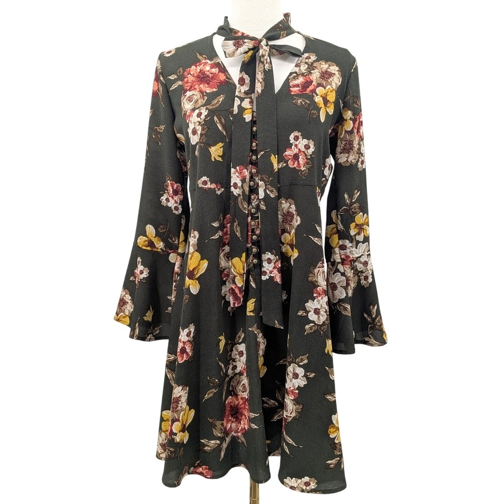 Boho Uncle Frank Floral Bell‎ Sleeve Tie Neck Dress XS Green Fall Cottagecore